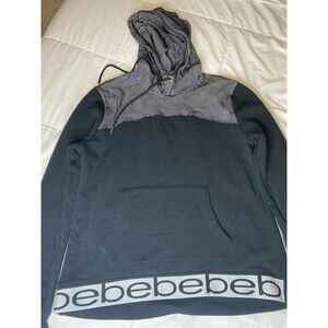 bebe Womens L Black/White Colorblock Pullover Hoodie Mesh Hood Logo Pockets